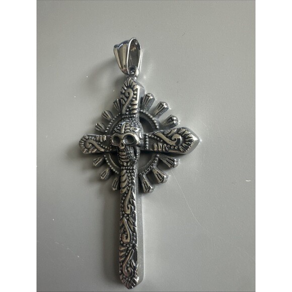 Viking Gothic Cross Skull Pendant 24” Chain Stainless Steel Gift Men’s Punk - Picture 2 of 6